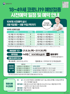 「18∼49세 청장년층 예방접종 사전예약 실시」안내